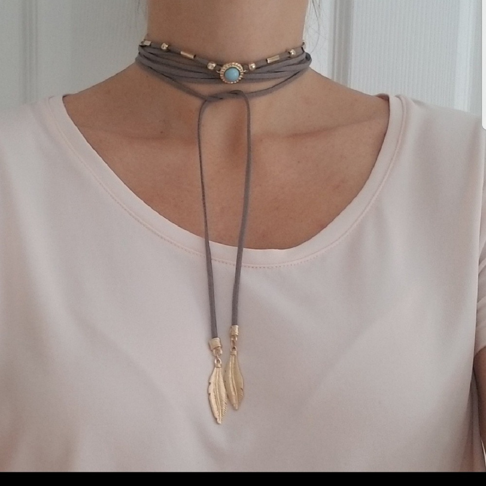 Gray Beaded Wrap Around Feather Necklace
